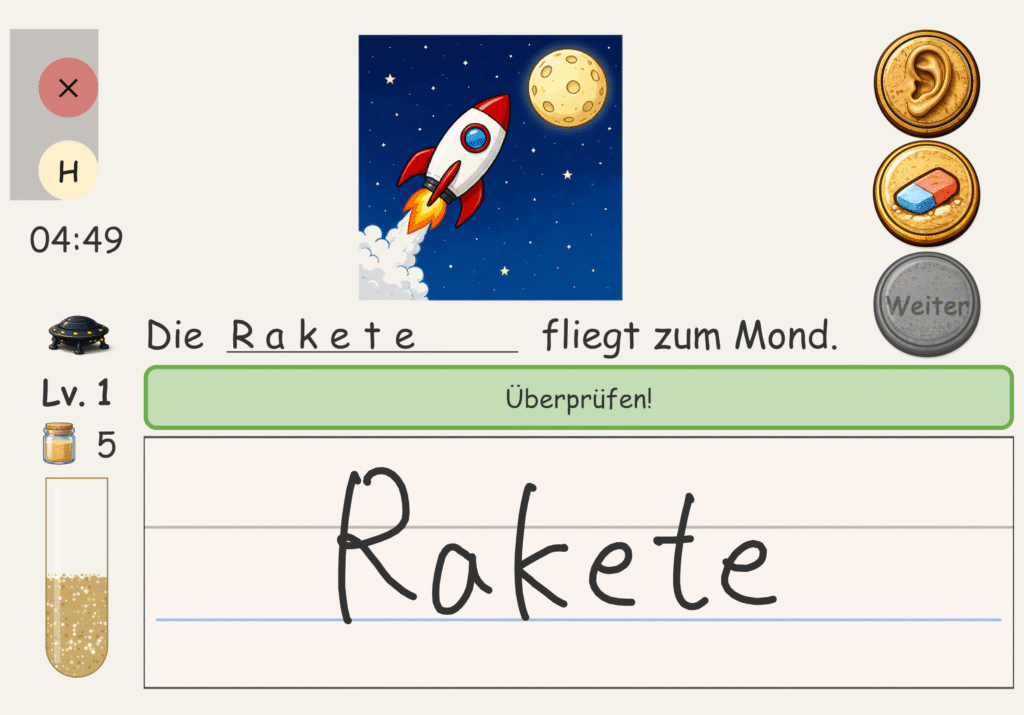 Booost Pro Lernbildschirm: Ein Kind schreibt das Wort „Rakete" mit der Hand